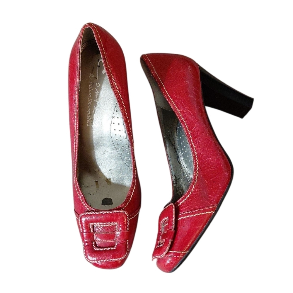 Vintage Contessa Red Leather Pumps Slip-on Buckled Heels size 8